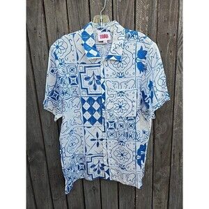 Solid & Striped Linen Shirt Mens Medium Blue White Tile Print Short Sleeve...